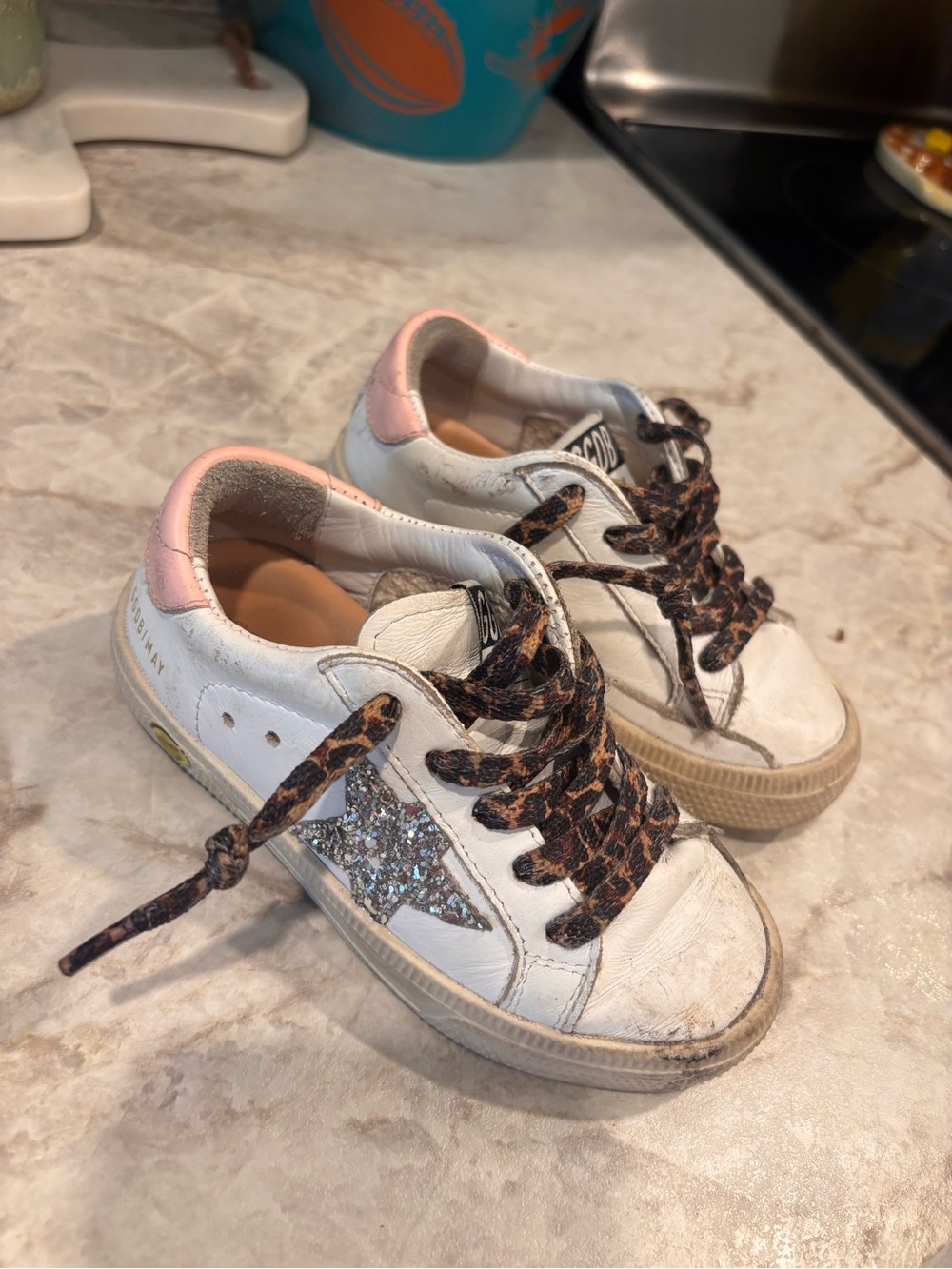 Golden Goose Kids White Leather Sneakers with Glitter Star and Pink Heel Tab